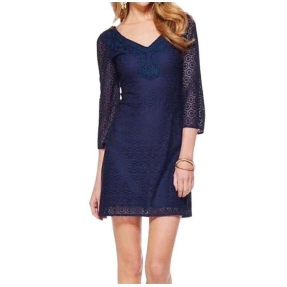 Lilly Pulitzer Alden Navy Eyelet Lace Shift Dress Sm Bell Sleeve Resort Preppy - Picture 2 of 12